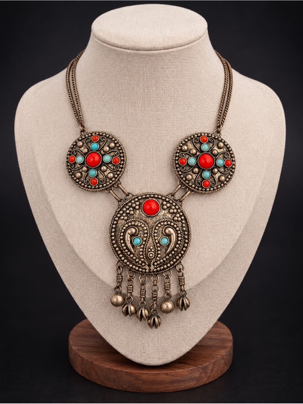 Vintage Tibetan-Style Red Coral & Turquoise Filigree Statement Necklace